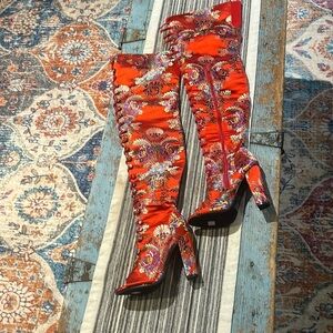 Bamboo Floral Brocade Open Toe Heeled OTK Boots with buttons up the front  6.5